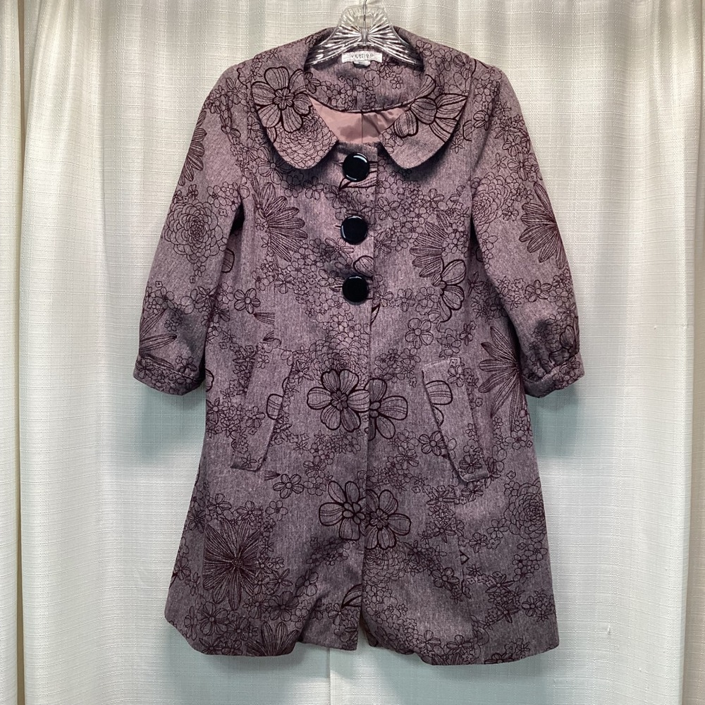 Vertigo Paris Womens Mauve Floral Jacquard Button Front Coat Peter Pan Collar
